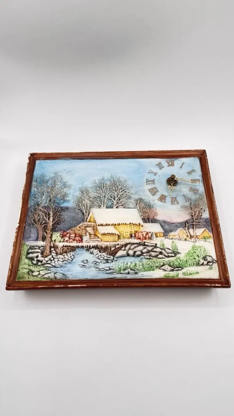 Vintage Byron Molds 1982/83 Hand Painted Winter Farm Scene Wall Clock Signed
